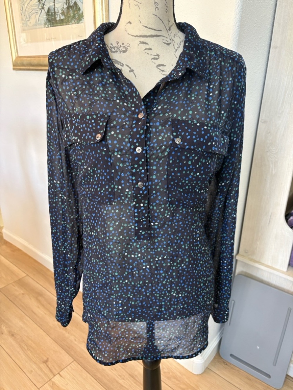 Liz Claiborne Navy Sheer Button-Down Blouse with Teal & Blue Dots size XL